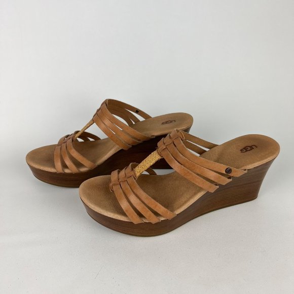 UGG Mattie Womens Platform Wedge Strappy Sandals Tan Brown Leather size 10 - Picture 3 of 16